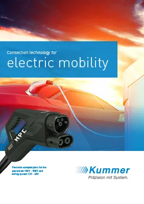 Brochure cover showing an electric vehicle charging scene and an HPC connector, highlighting Kummer GmbH & Co. KG as a supplier of precision stamped and overmolded busbar components for e-mobility applications.
