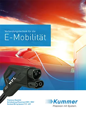 Vorschaubild eines E-Mobilität-Prospekts von Kummer GmbH & Co. KG mit Fokus auf präzise Stanzteile und umspritzte Metall-Kunststoff-Komponenten für Ladetechnik.