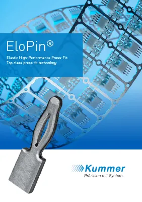 EloPin® press-fit contact technology by Kummer GmbH & Co. KG, shown with stamped carrier strip and individual press-fit pin, brochure cover preview.