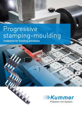 Brochure cover preview of Kummer GmbH & Co. KG showing the reel-to-reel injection moulding process with stamped metal strips and overmolded contacts