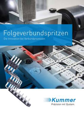 Vorschaubild der Broschüre der Kummer GmbH & Co. KG zum Folgeverbundspritzverfahren mit Darstellung eines Stanzgitters und umspritzter Kontakte