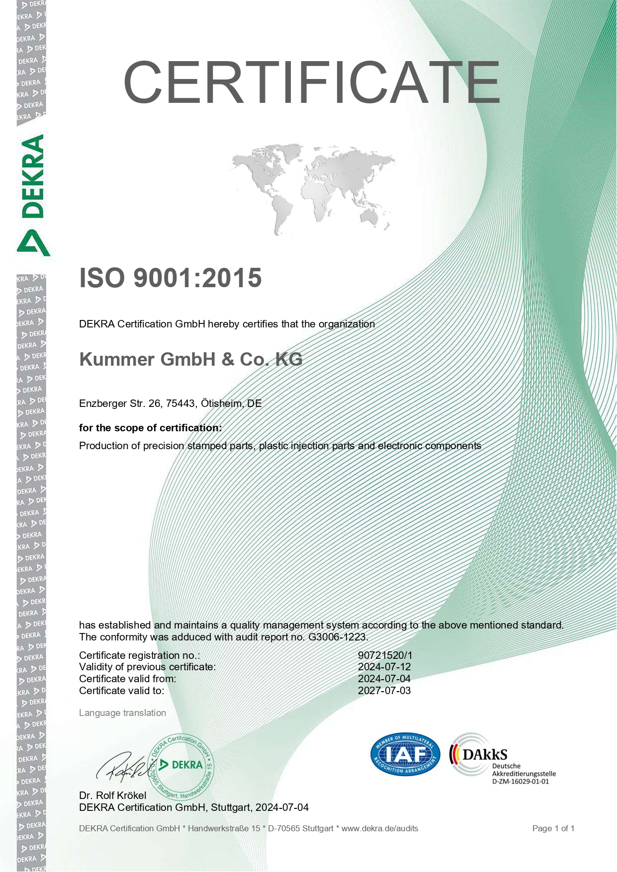 ISO 9001:2015 certificate issued by DEKRA for Kummer GmbH & Co. KG, valid 2024–2027, covering precision stamped parts, plastic injection parts and electronic assemblies.