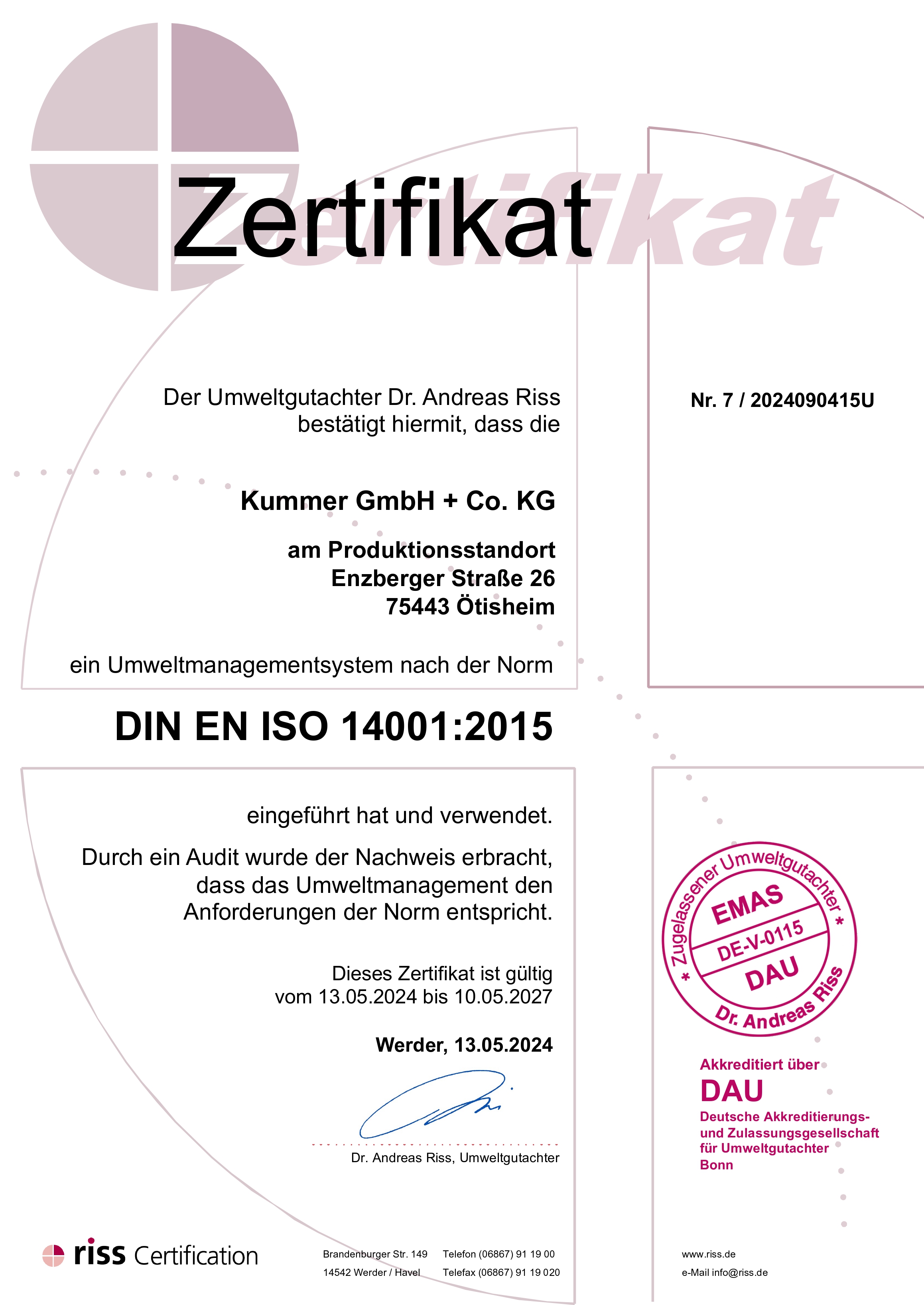 DIN-EN ISO 14001:2015 Zertifikat für das Umweltmanagementsystem der Kummer GmbH & Co. KG am Produktionsstandort Ötisheim, gültig vom 13.05.2024 bis 10.05.2027.